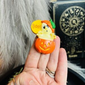Vintage Halloween Ghost Pumpkin Brooch Pin | "Boo!" Jack-o'-Lantern | Resin